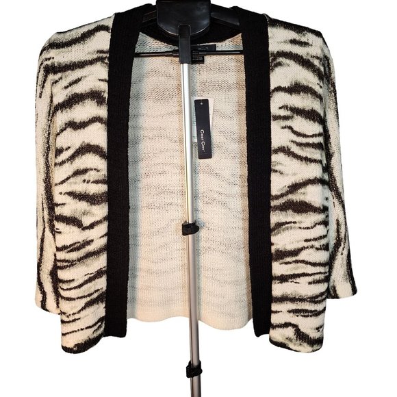 C'EST City Sweaters - C'EST City Cream, Gray & Black Open Front Sweater With 3/4 Sleeves. Size L. NWT